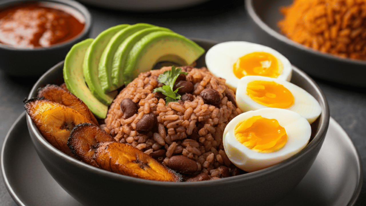 Rice, beans, eggs, and avocado