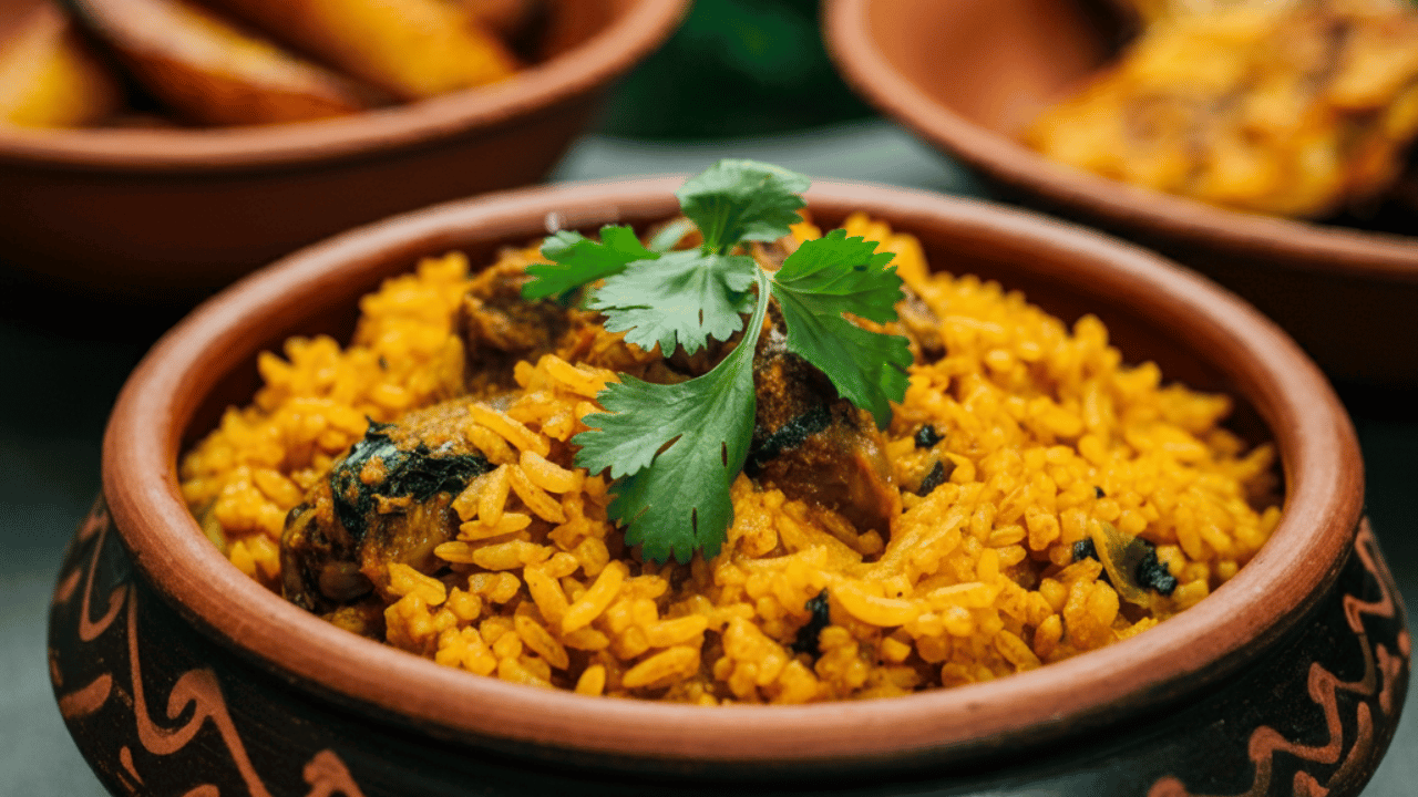 Rice dish with cilantro garnish