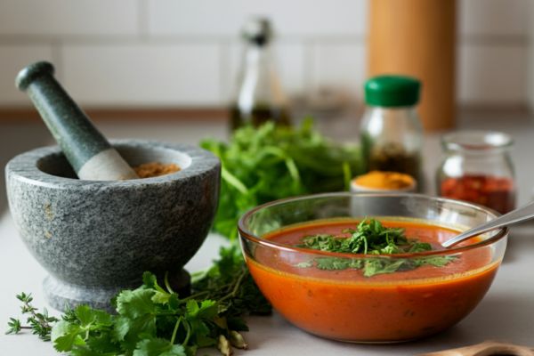 Soup with fresh herbs preparation